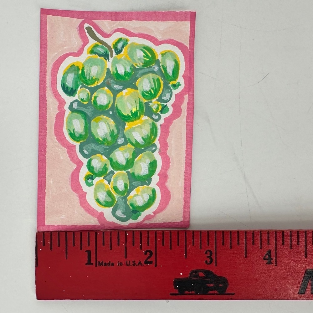 ACEO Miniature GRAPE VINEYARD Painting Green Pink Hand Painted Folk Art 2.5x3.5